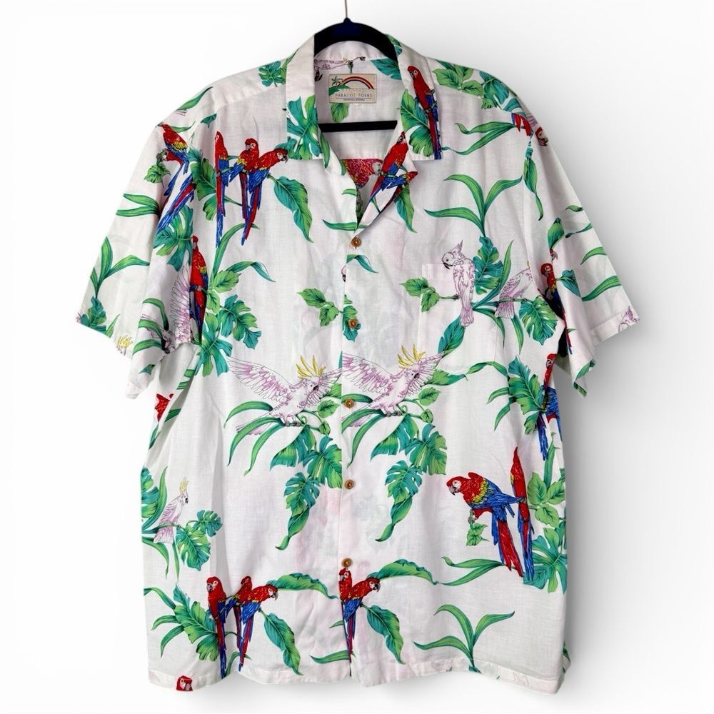 Paradise Found Vintage Hawaiian Shirt Parrot Cockatoo Tropical Print Resort XXL